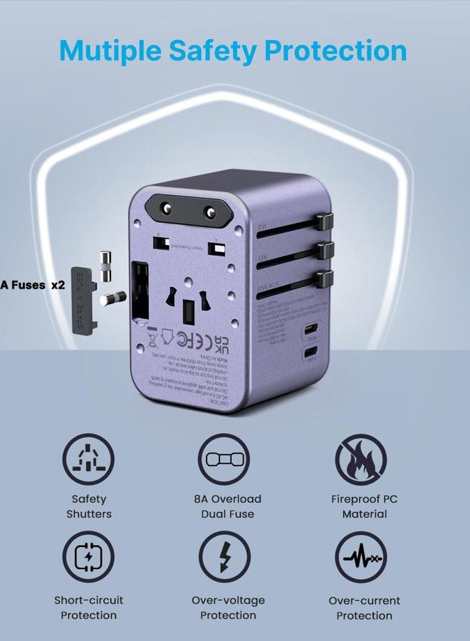 VINTAR Universal Travel Adapter, 35.5W International Power Adapter with 3 USB A QC and 2 USB C PD, All in One Plug Adapter Worldwide Travel Essentials for EU/UK/USA/AUS(Type C/G/A/I), Purple - Image 5