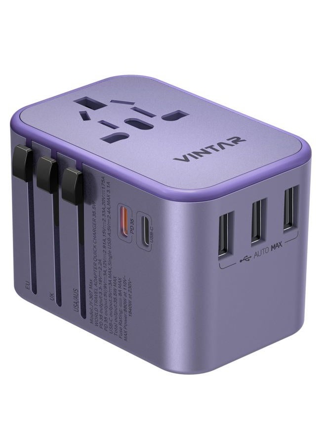 VINTAR Universal Travel Adapter, 35.5W International Power Adapter with 3 USB A QC and 2 USB C PD, All in One Plug Adapter Worldwide Travel Essentials for EU/UK/USA/AUS(Type C/G/A/I), Purple - Image 1
