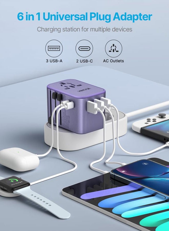 VINTAR Universal Travel Adapter, 35.5W International Power Adapter with 3 USB A QC and 2 USB C PD, All in One Plug Adapter Worldwide Travel Essentials for EU/UK/USA/AUS(Type C/G/A/I), Purple - Image 4