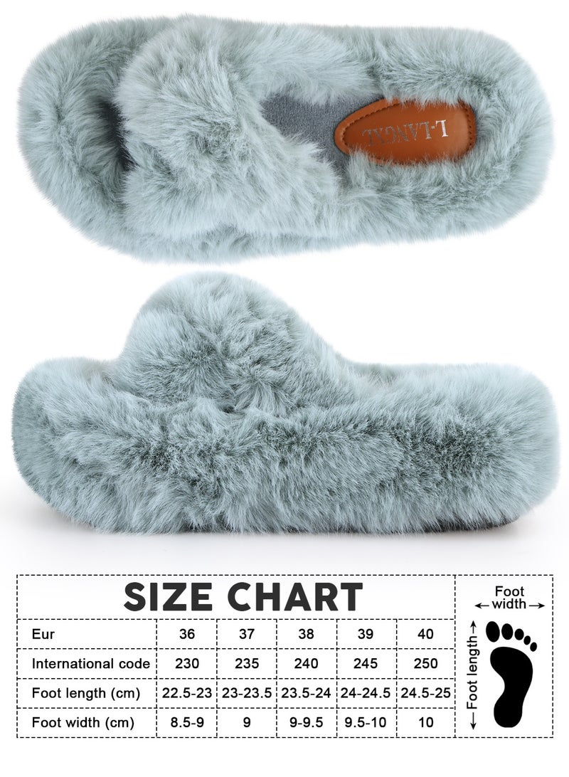 HomarKet Women's Fluffy Slippers Solid Color Platform Slippers - Casual Winter Shoes Slippers, Stylish Cross Band Fluffy Slippers, Comfortable Indoor House Slip Ons Slippers - Plush Fleece Lining,Anti-Slide Open Toe House Slippers- Perfect Gift for Family and Friends,Light Grey - Image 2