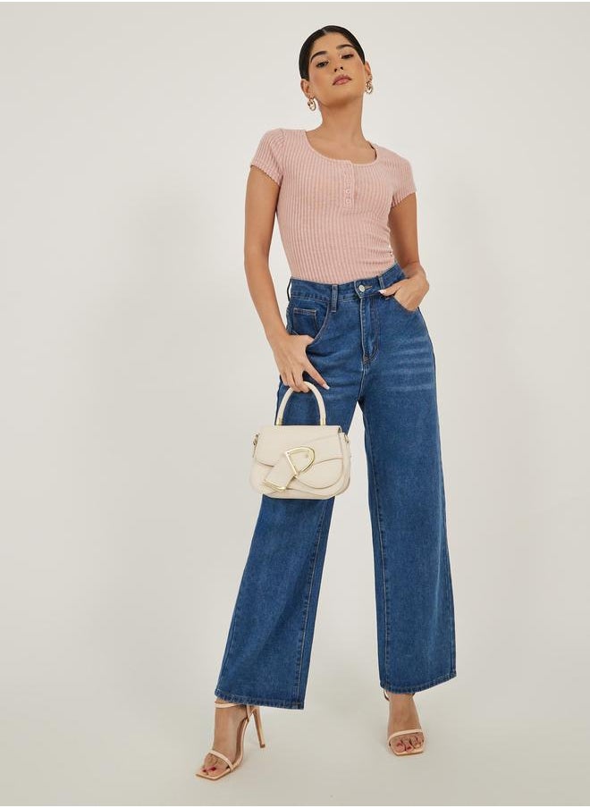 Styli - Textured Short Sleeve Ribbed Knit T-Shirt - Image 1