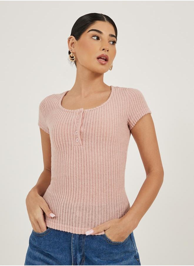 Styli - Textured Short Sleeve Ribbed Knit T-Shirt - Image 1