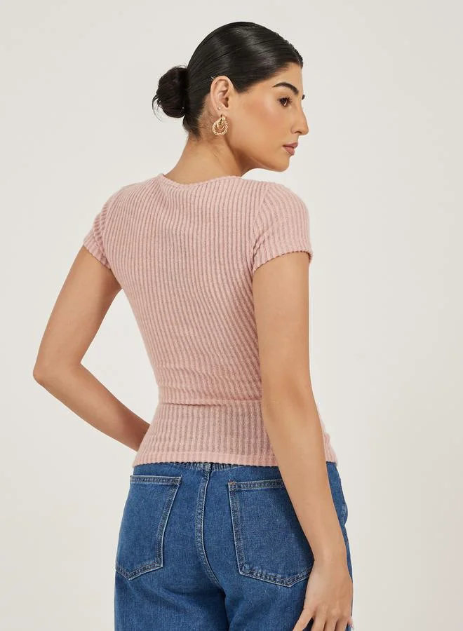 Styli Textured Short Sleeve Ribbed Knit T-Shirt