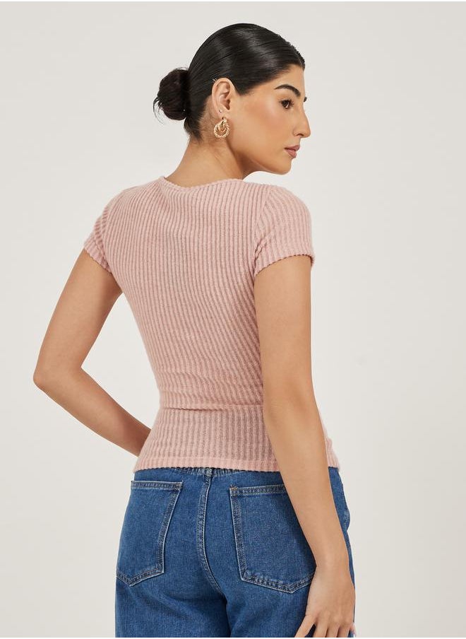 Styli - Textured Short Sleeve Ribbed Knit T-Shirt - Image 1