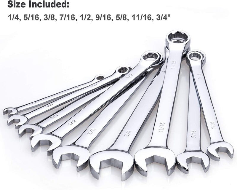 EFFICERE Max Torque 9-Piece Premium Combination Wrench Set, Standard Inch Sizes from 1/4” to 3/4” with Rack Organizer | Chrome Vanadium Steel, Long Pattern Design, Mirror Chrome Finish, Open and Box Ends - Image 2