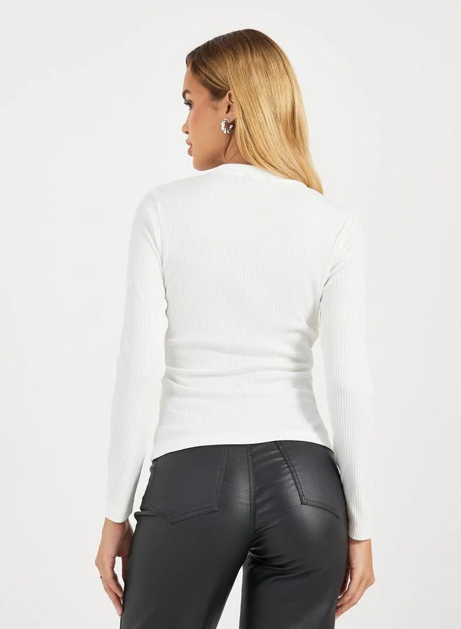 Styli Ribbed Knit Top with Contrast Bow Detail