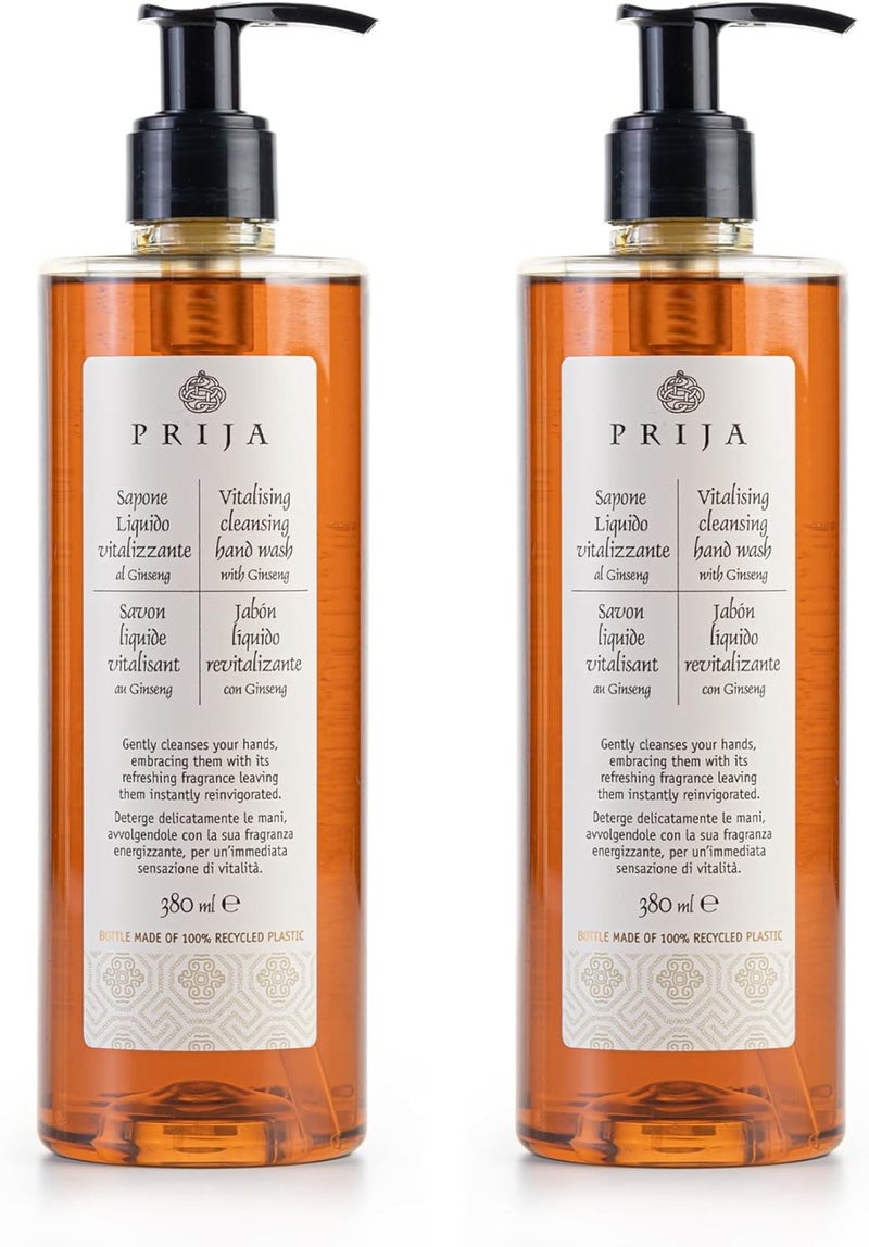 Prija Vitalising Hand Wash with Ginseng Extract Gently Cleanses Hands Moisturising Liquid Hand Soap Vegan Friendly with Energising Fragrance 380ml x 2
