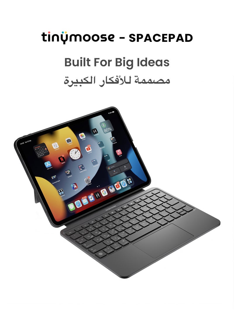 TinyMoose SpacePad iPad Magic Keyboard for iPad – 3-Way Multi-Touchpad, 7-Color Backlit, Scissor Keys, Detachable Design, Bluetooth 5.0 – Compatible with iPad 10 (2022) – Carbon Black – Supports English & Arabic - Image 3