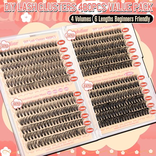 calphdiar Wispy Lash Clusters 30D+40D+50D+60D Individual Lashes 480PCS Eyelash Clusters Natural Volume Lashes Clusters D-curly Cluster Eyelash Extensions 8-18MM DIY Lash Extension at Home - Image 2
