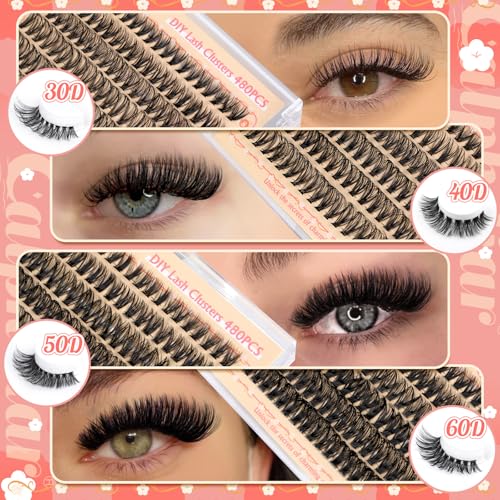 calphdiar Wispy Lash Clusters 30D+40D+50D+60D Individual Lashes 480PCS Eyelash Clusters Natural Volume Lashes Clusters D-curly Cluster Eyelash Extensions 8-18MM DIY Lash Extension at Home - Image 3