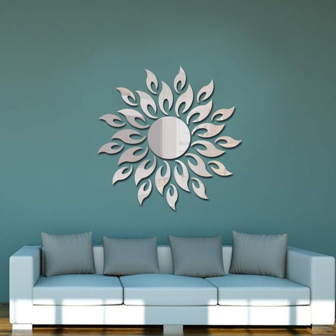 JUMRHFAN 3D SUNFLOWER MIRROR WALL STICKERS ROUND ACRYLIC LIVING ROOM BEDROOM TV BACKGROUND WALL DECALS MARRIAGE ROOM ENTRANCE HOME DECOR SILVER