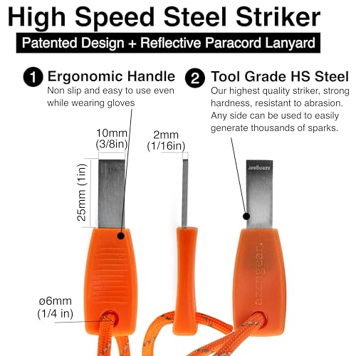 aZengear Survival Fire Starter, 4-Inch Ferro Rod with Ergonomic Steel Striker & Fluorescent Paracord for Camping Bushcraft & Emergency Use - Image 3