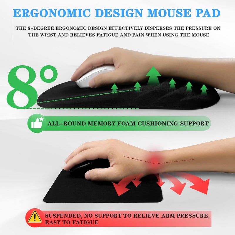 KEPUTAIER Ergonomic Mouse Pad Wrist Support，Wrist Rest Mouse pad for Carpal Tunnel Pain Relief with Memory Foam&Non-Slip PU Base, Mouse Pads for Wireless Mouse & Desk (12x8 inch,Black) - Image 4