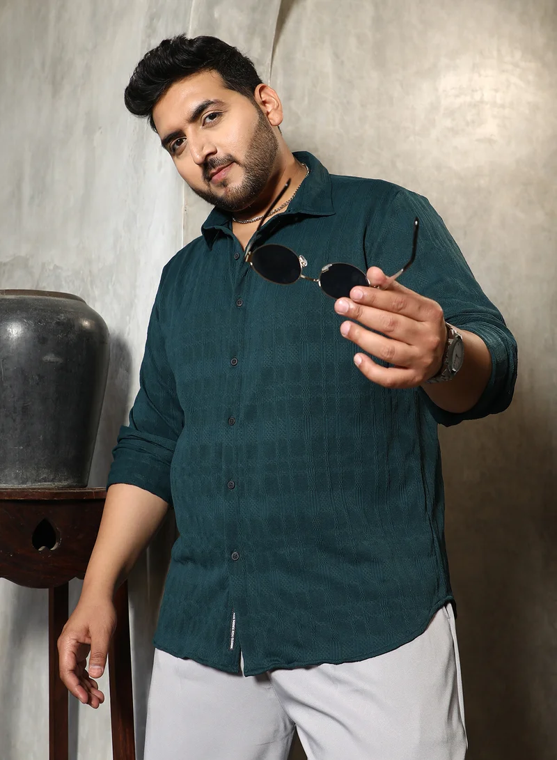 Instafab Plus Instafab Plus Men's Phlato Green Braided-Knot Tactile Shirt For Casual Wear | Spread Collar | Long Cuffed Sleeves | Button Closure | Plus Size Shirt Crafted With Comfort Fit For Everyday Wear