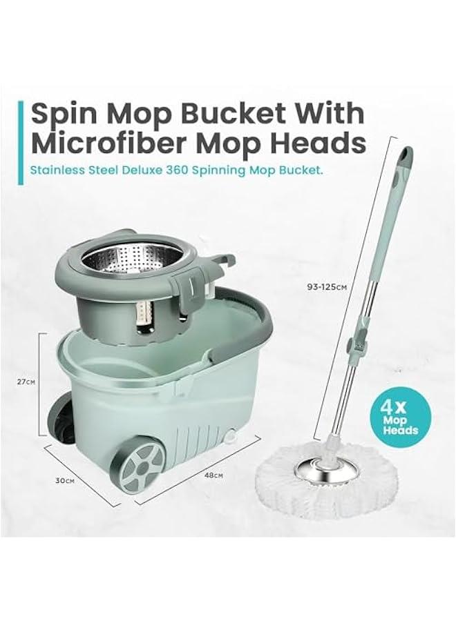 MIXDE Multi Functional Spin Mops for Floor Cleaning w/Bucket- Stainless Steel Floor Wiper Microfiber 360 Spin Mop w/Basket w/ 125cm Extended Foldable Handle Microfiber Mop, 2x Wheel - Image 3