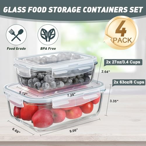 KOMUEE 4 Pack 63oz+27oz Large Glass Food Storage Containers Set with Airtight Lids, BPA-Free, Meal Prep Containers for Storing, Freezer, Microwave and Oven Safe - Image 2