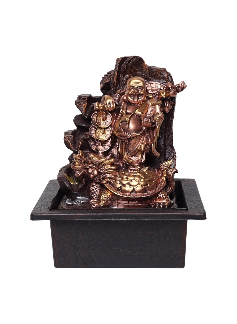 VIVARS VIVARS Resin Laughing Buddha With Coins And Money Bag Tabletop Waterfall Fountain With Led Light For Indoor Home Office Decor GoldenBrown 