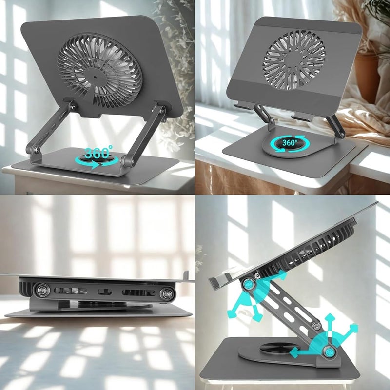 businager Adjustable Laptop Stand with Cooling Fan, 360° Rotating, Notebook Holder Riser, steel+aluminum Mount for 10-17" Laptops & Tablets, Ergonomic, Foldable, Non-Slip for Saudi Workspaces (Grey) - Image 3