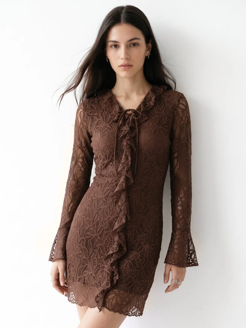 Outzidr Brown Lace Dress With Ruffled Details & Flared Sleeves