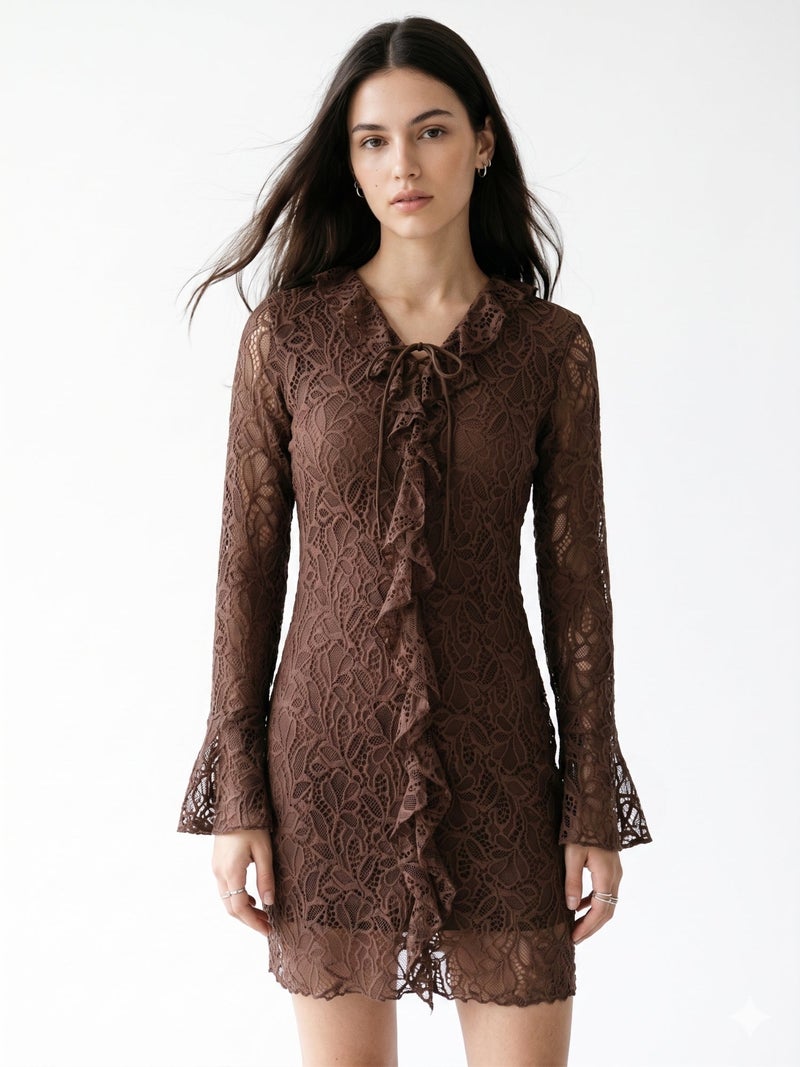 OUTZIDR Brown Lace Dress With Ruffled Details & Flared Sleeves - Image 3
