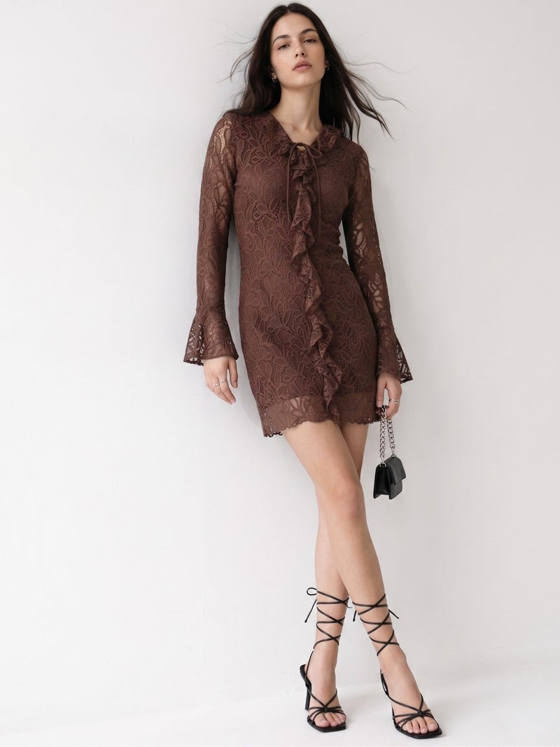 OUTZIDR Brown Lace Dress With Ruffled Details & Flared Sleeves - Image 4