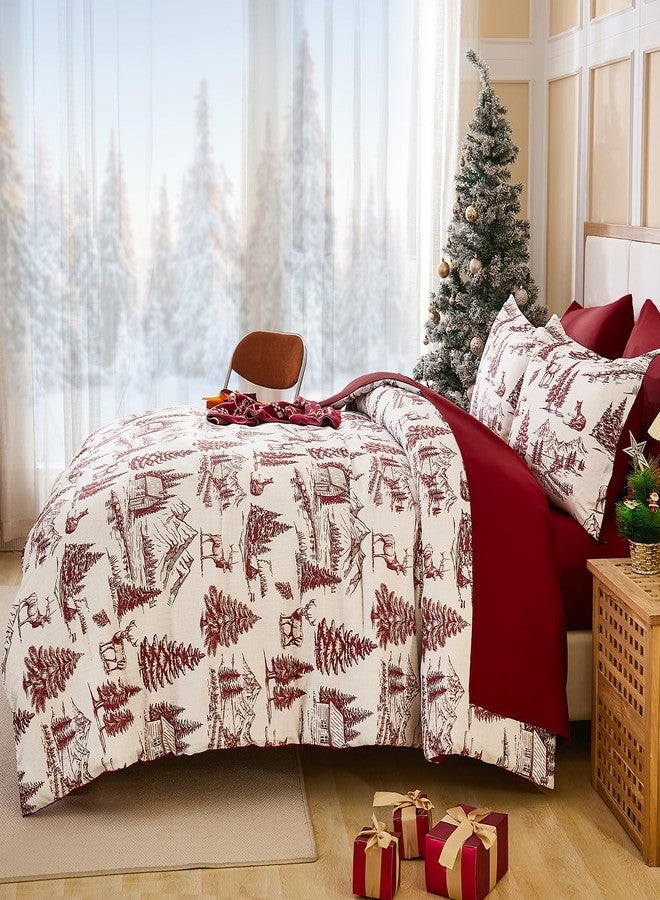 Yiran Red Christmas Comforter Set Queen 7 Pieces, Xmas Cabin Woods Reindeer Patterns Bedding Set, Reversible Design Bed in a Bag, Soft Microfiber Decor for Holiday - Image 3