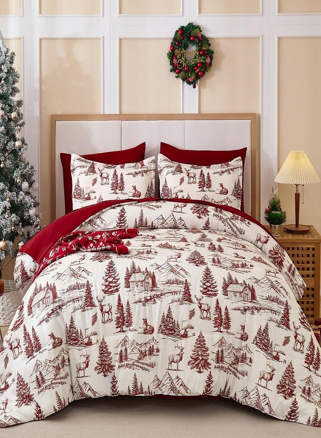 Yiran Red Christmas Comforter Set Queen 7 Pieces, Xmas Cabin Woods Reindeer Patterns Bedding Set, Reversible Design Bed in a Bag, Soft Microfiber Decor for Holiday - Image 1