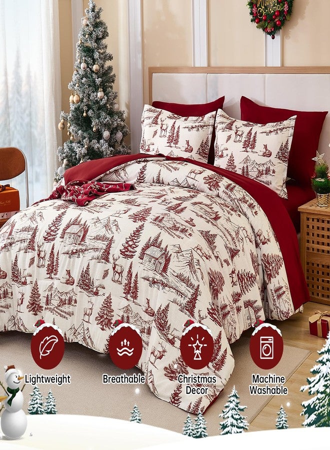Yiran Red Christmas Comforter Set Queen 7 Pieces, Xmas Cabin Woods Reindeer Patterns Bedding Set, Reversible Design Bed in a Bag, Soft Microfiber Decor for Holiday - Image 2