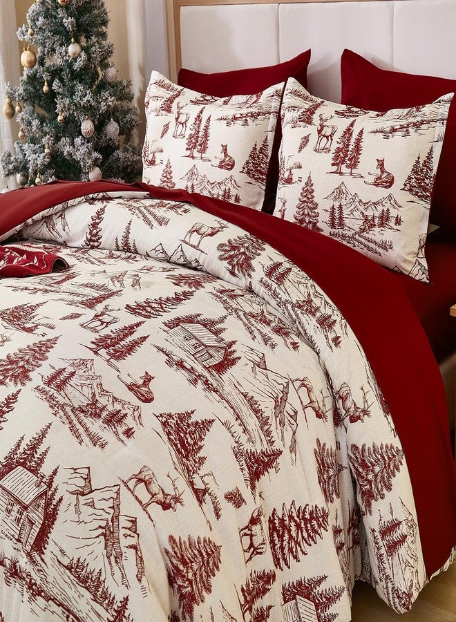 Yiran Red Christmas Comforter Set Queen 7 Pieces, Xmas Cabin Woods Reindeer Patterns Bedding Set, Reversible Design Bed in a Bag, Soft Microfiber Decor for Holiday - Image 4