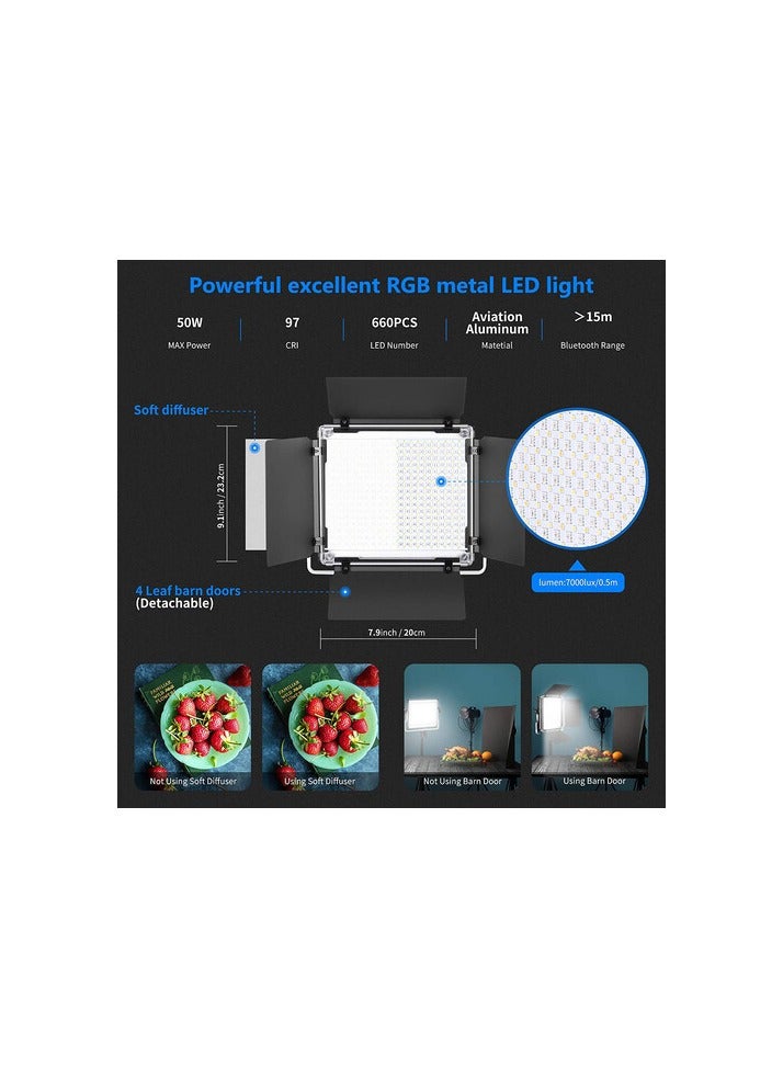 Neewer 660 Pro II 50W RGB + Bi‑Color LED Video Light with 4‑Way Barndoors & Stand Kit - Image 2