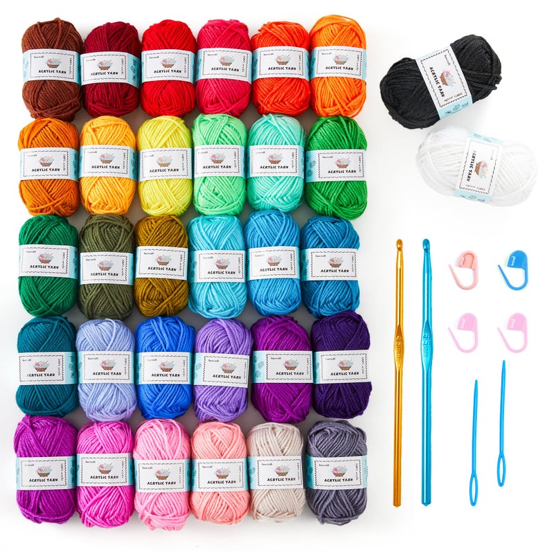 Inscraft Crochet Yarn Kit for Beginners 1440 Yards 32 Colors Acrylic Yarn Skeins 2 Crochet Hooks 2 Weaving Needles 4 Stitch Markers 1 Bag for Crocheting  Knitting Gift for Adults
