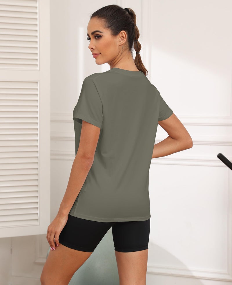 KevaMolly Olive Green Workout Tops for Women UPF50+ Breathable Loose Fit Yoga T Shirts Short Sleeve Running Gym Athletic Tee Top M - Image 4
