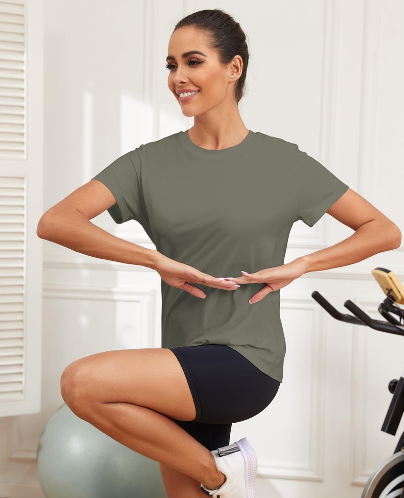 KevaMolly Olive Green Workout Tops for Women UPF50+ Breathable Loose Fit Yoga T Shirts Short Sleeve Running Gym Athletic Tee Top M - Image 5