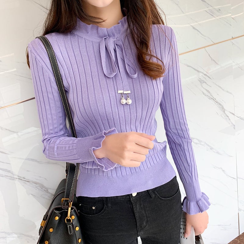 Sweet Knitted Shirt Base Shirt 2024 Womens Autumn and Winter Korean Style Distinctive Bow with Long Sleeve Sweater Yellow - Image 4