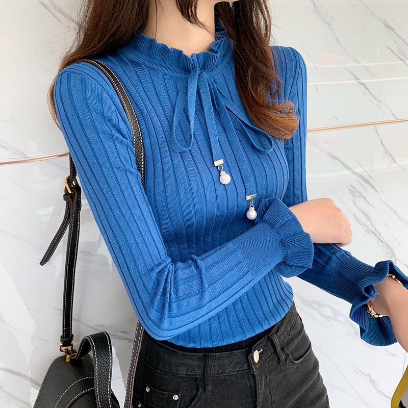 Sweet Knitted Shirt Base Shirt 2024 Womens Autumn and Winter Korean Style Distinctive Bow with Long Sleeve Sweater Yellow - Image 3