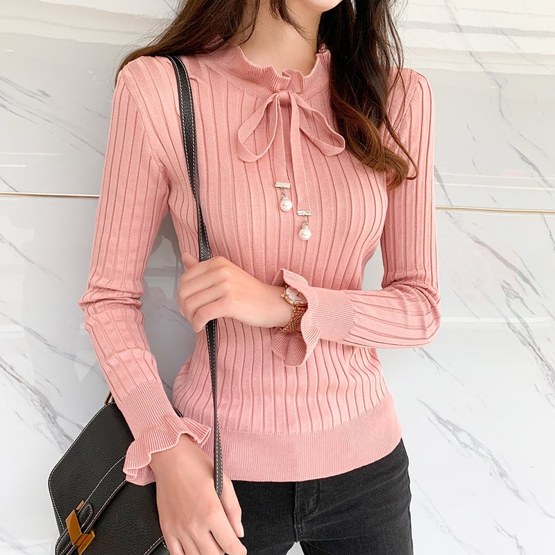 Sweet Knitted Shirt Base Shirt 2024 Womens Autumn and Winter Korean Style Distinctive Bow with Long Sleeve Sweater Yellow - Image 2
