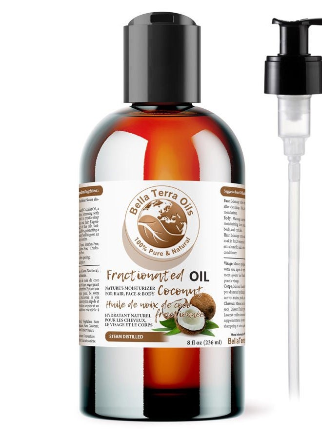 Bella Terra Oils NEW Coconut Oil Fractionated. 240ml Steam-distilled. US-made. Organic. 100% Pure. Always Liquid. Hexane-free. Carrier Oil for Essential Oils. Natural Moisturiser. For Hair, Skin, Nails, Stretch Marks. - Image 1