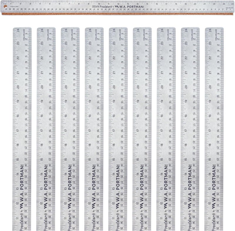 Breman Precision Metal Ruler 24 Inch Cork Back – 10 Pk Stainless Steel Straight Edge, Flexible Non-Slip Metal Ruler with Cork Backing – Imperial & Metric for Crafting, School, Workshop & Home Use - Image 1