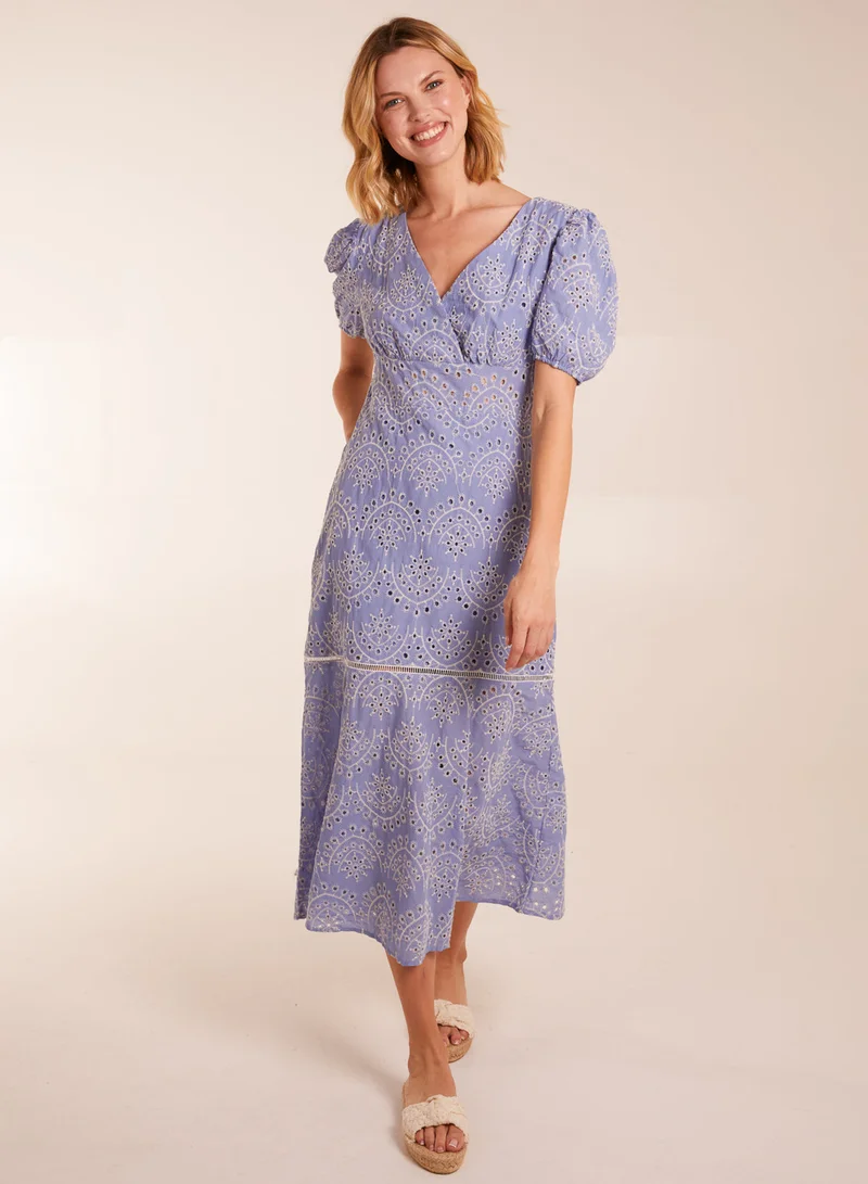 Blue Vanilla Broderie Anglaise Puff Sleeve Midi Dress