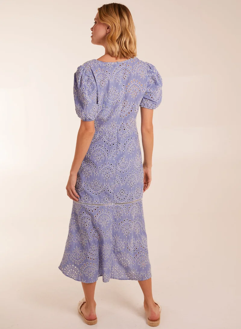 Blue Vanilla Broderie Anglaise Puff Sleeve Midi Dress
