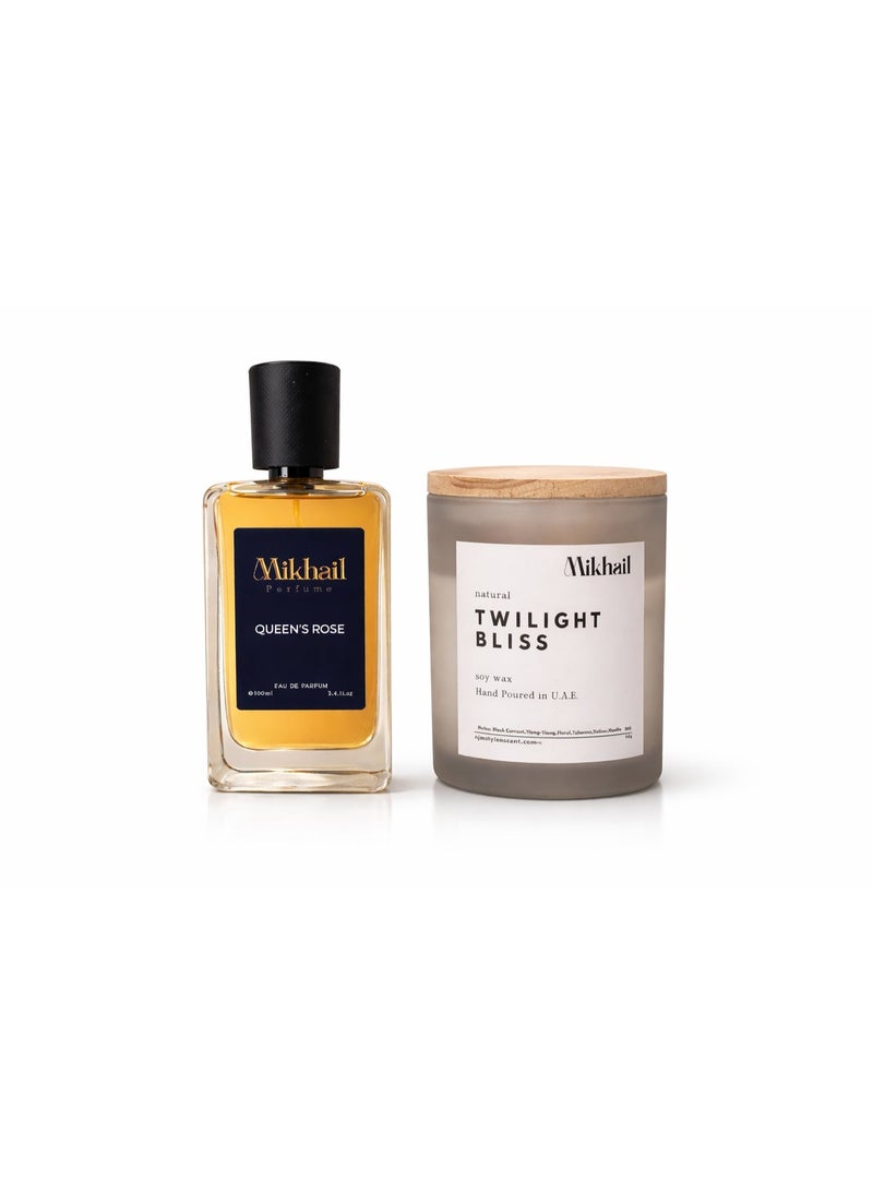 Mikhail Queen’s Rose Perfume 100ML EDP & Twilight Bliss Soy Candle Combo 220g | Luxury Fragrance | Combo Pack - Image 1