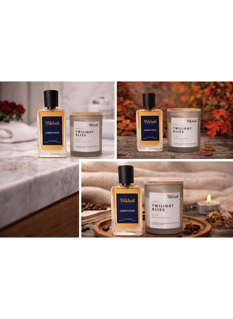 Mikhail Queen’s Rose Perfume 100ML EDP & Twilight Bliss Soy Candle Combo 220g | Luxury Fragrance | Combo Pack - Image 3