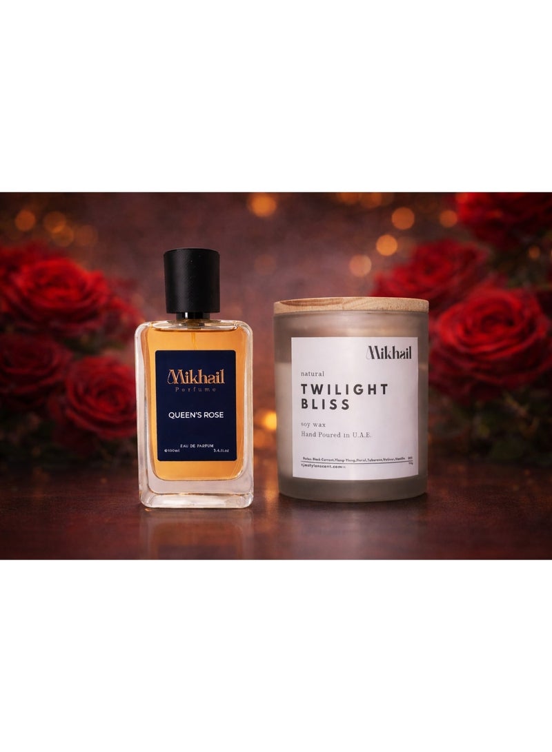 Mikhail Queen’s Rose Perfume 100ML EDP & Twilight Bliss Soy Candle Combo 220g | Luxury Fragrance | Combo Pack - Image 4