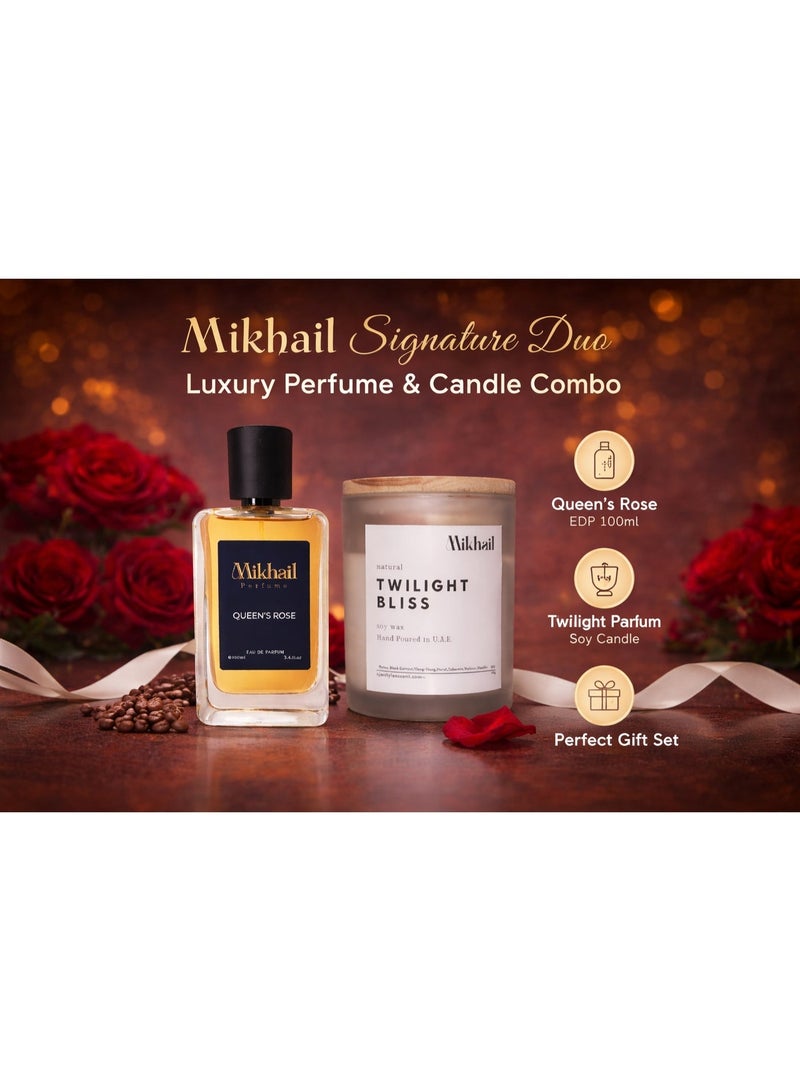 Mikhail Queen’s Rose Perfume 100ML EDP & Twilight Bliss Soy Candle Combo 220g | Luxury Fragrance | Combo Pack - Image 2