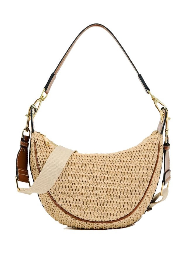 JYG Straw Crossbody Bags for Women Crescent Woven Shoulder Handbag Summer Beach Hobo Purses with Adjustable Strap Khaki - Image 1