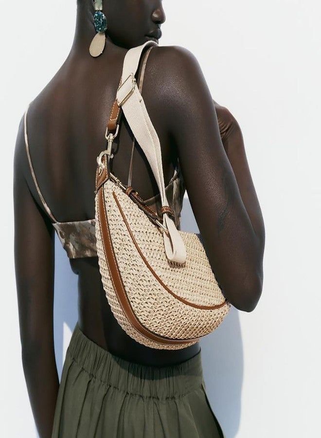 JYG Straw Crossbody Bags for Women Crescent Woven Shoulder Handbag Summer Beach Hobo Purses with Adjustable Strap Khaki - Image 2