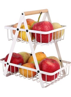 TYCOM Fruit Basket for Kitchen Countertop,2-Tier Portable Metal Wire Storage Rack with Wooden Handle,Detachable Rectangle Basket for Kitchen Organizer Storage Bread, Snacks, Fruits, 2 Layer White.  - Image 1