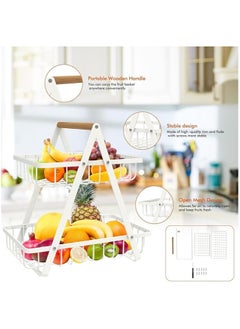 TYCOM Fruit Basket for Kitchen Countertop,2-Tier Portable Metal Wire Storage Rack with Wooden Handle,Detachable Rectangle Basket for Kitchen Organizer Storage Bread, Snacks, Fruits, 2 Layer White.  - Image 2