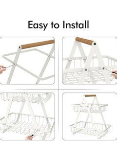 TYCOM Fruit Basket for Kitchen Countertop,2-Tier Portable Metal Wire Storage Rack with Wooden Handle,Detachable Rectangle Basket for Kitchen Organizer Storage Bread, Snacks, Fruits, 2 Layer White.  - Image 5