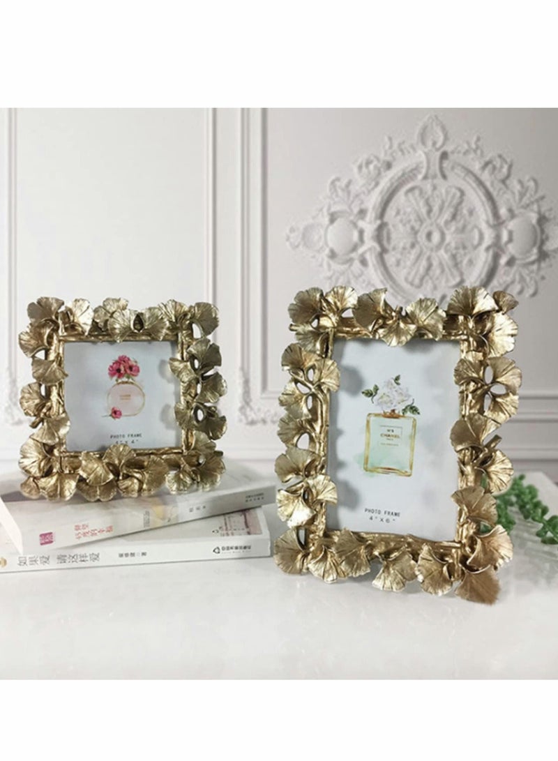 Photo Frame, Polyresin Picture Frame Gold Ginkgo Leaves for Lovers Home Decoration Ornament Gifts Golden Vintage Table Top Display and Personalized Gallery Wall Hanging Decor (Gold) - Image 5